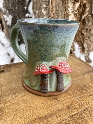 “Scent of the Pine” Handmade Pottery Mug with Mushrooms